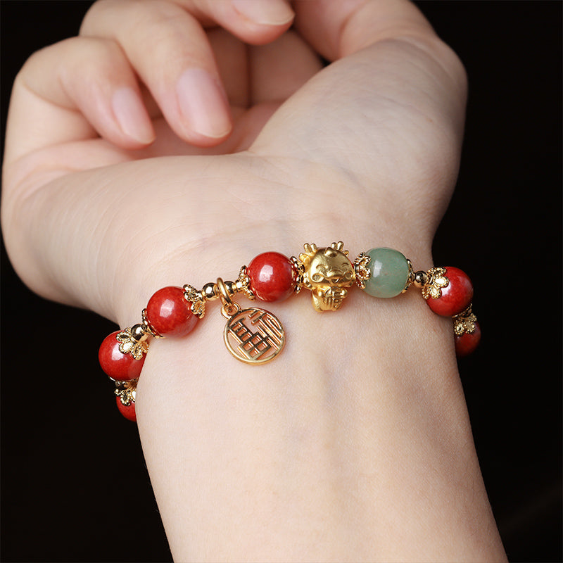 Year of the Dragon Natural Cinnabar Fu Character Charm Blessing Bracelet