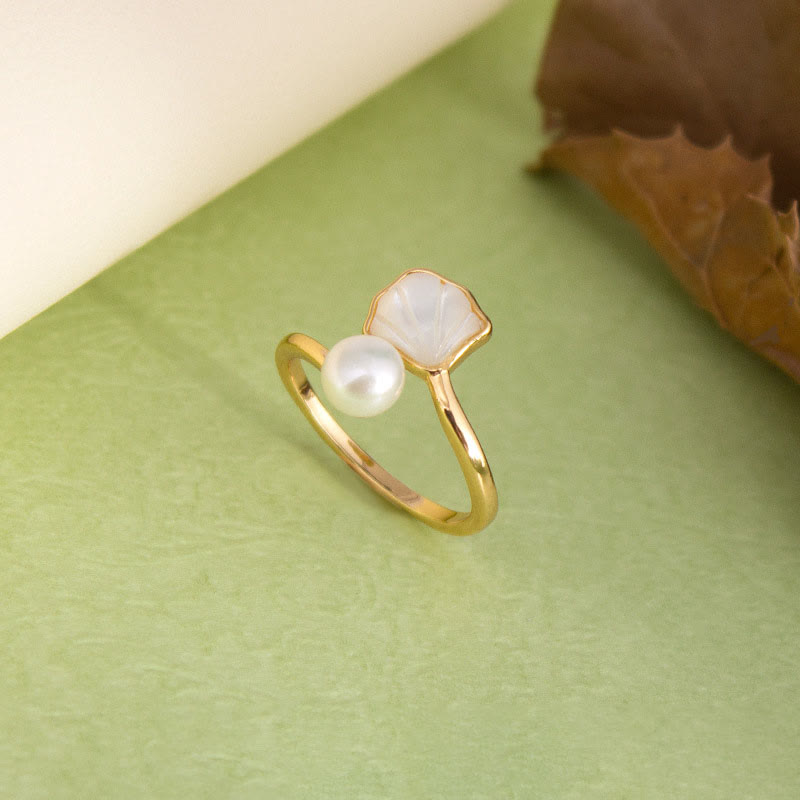 Ginkgo Tridacna Stone Pearl Bead Copper Blessing Necklace Pendant Ring Earrings Set