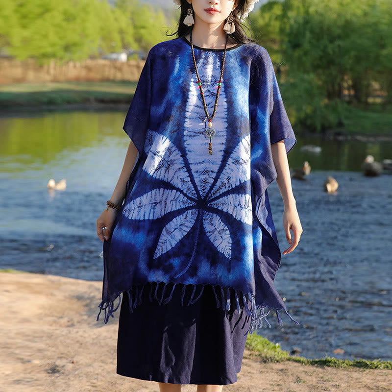 Artisanal Blue Batik Maple Leaf Mindful Travel Shawl Pullover