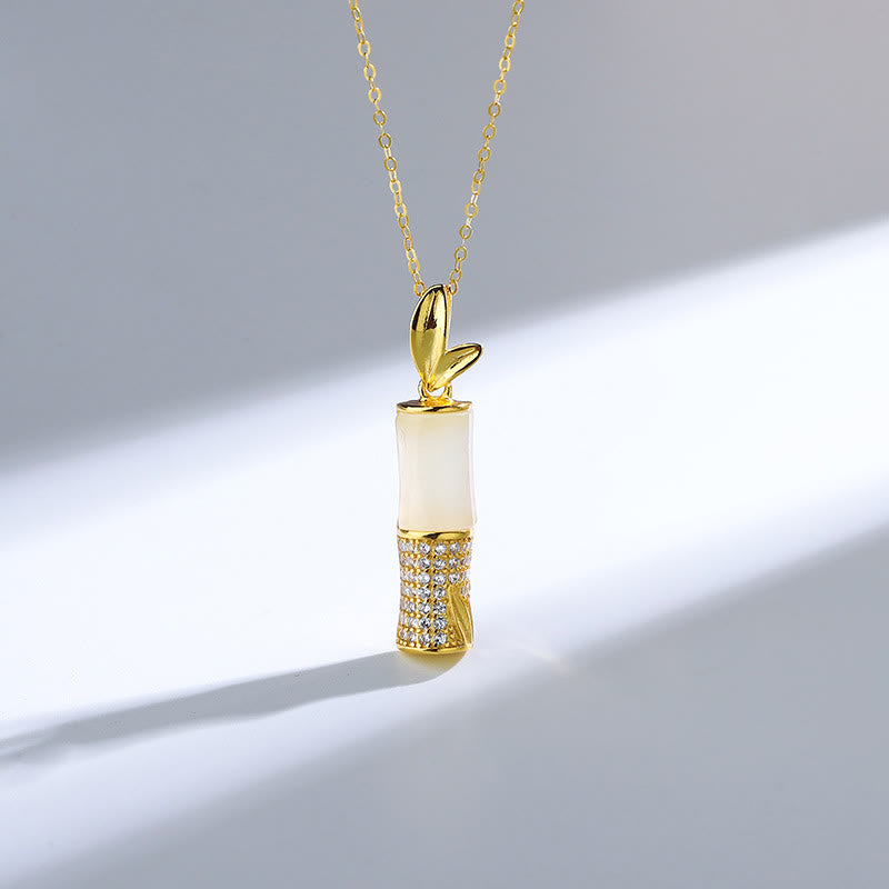 925 Sterling Silver Hetian White Jade Bamboo Happiness Necklace Pendant