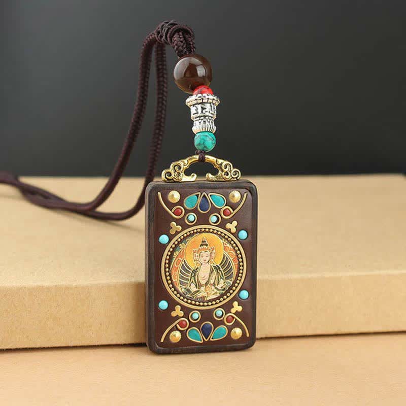 Tibet God of Wealth Thangka Ebony Peace Necklace Pendant