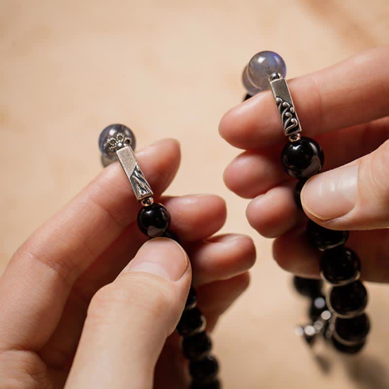 925 Sterling Silver Black Obsidian and Moonstone Beaded Couple Bracelet Set