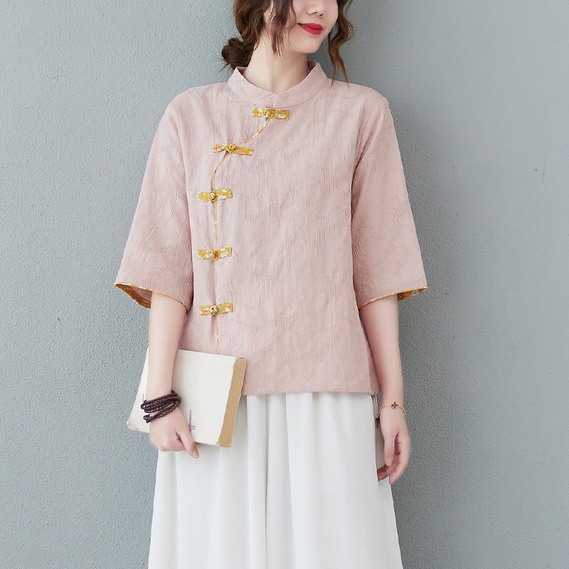Floral Pattern Frog-Button Half Sleeve Cotton Linen Shirt