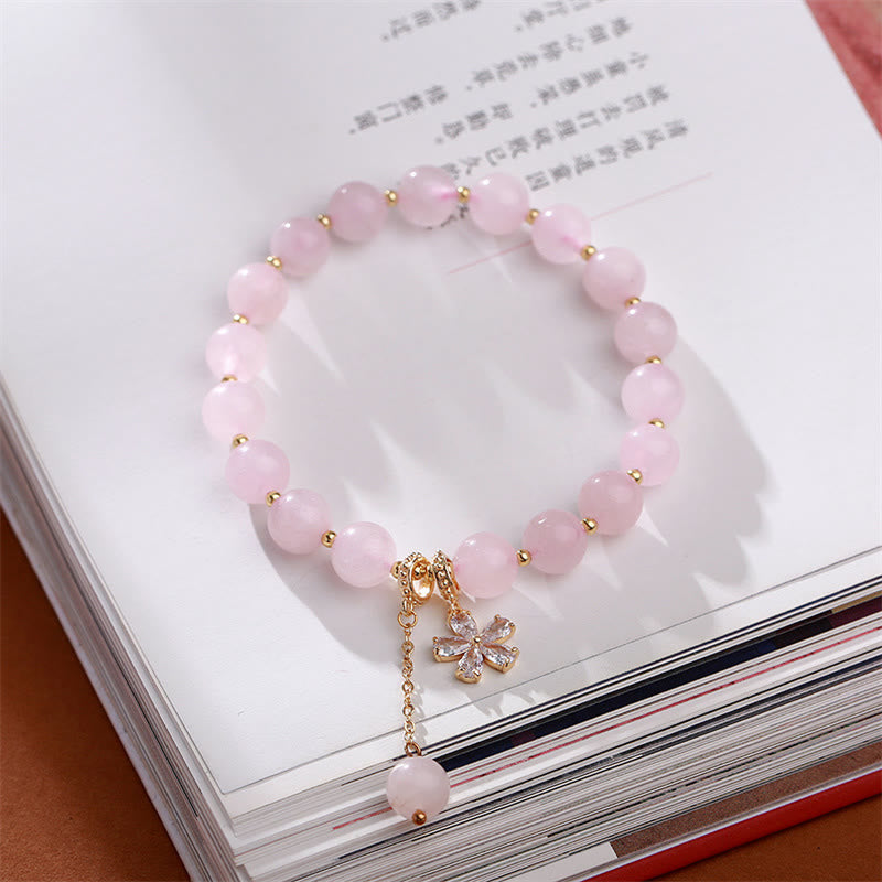 Natural Rose Quartz and Gold Copper Plum Blossom Beaded Bracelet