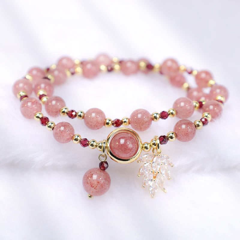 Natural Strawberry Quartz 6mm Bead Double Wrap Bracelet with Maple Leaf Charm