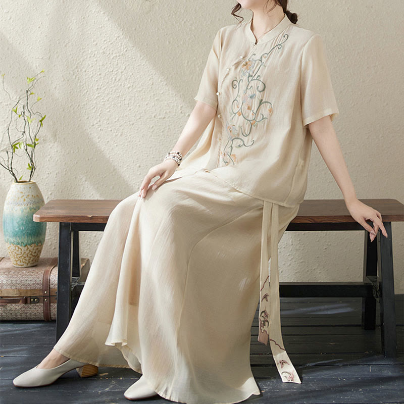 2Pcs Flower Embroidery Short Sleeve Tee T-shirt Wide Leg Pants Set