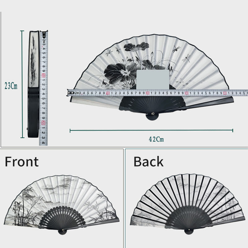 Vintage Bamboo Peony Butterfly Lotus Handheld Silk Folding Fan With Bamboo Frames