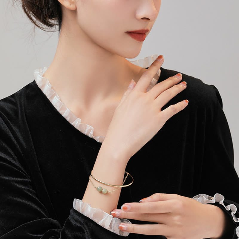 Copper Plated Gold Hetian Jade Bead Luck Double Layer Bracelet Bangle