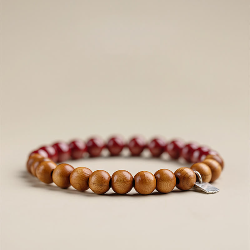 Handmade 925 Sterling Silver Peach Wood and Cinnabar Beaded Stretch Bracelet