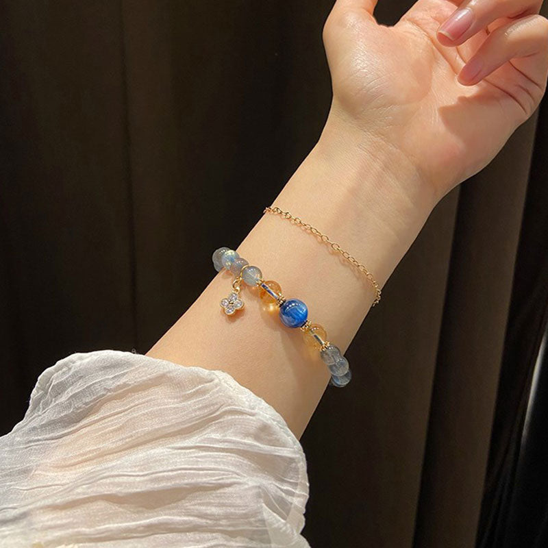 Natural Moonstone Citrine Kyanite 14K Gold Flower Charm Beaded Bracelet