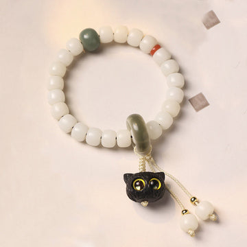 Natural Bodhi Seed and African Blackwood Beaded Bracelet with Hand-Finished Cat Charm