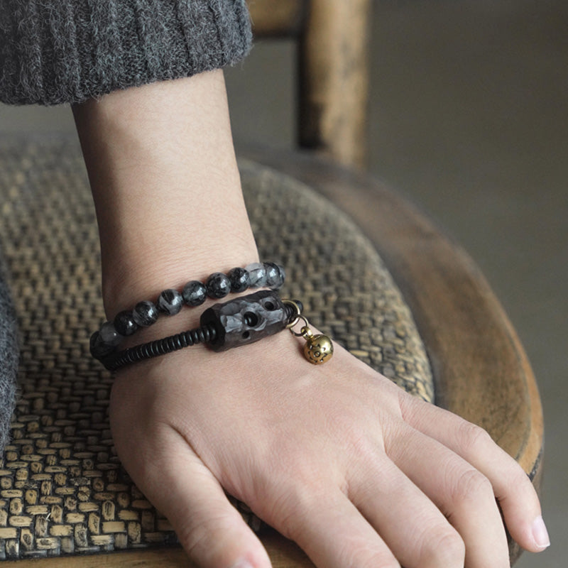Black Rutilated Quartz Ebony Wood Copper Wisdom Couple Bracelet