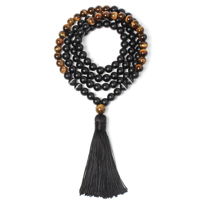 8mm Black Onyx and Tiger Eye Tassel Mala Necklace & Wrap Bracelet