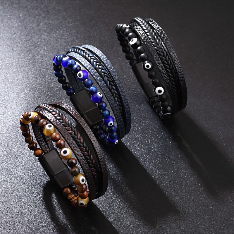 Evil Eye Tiger Eye Protection Beaded Multilayered Braided Bracelet