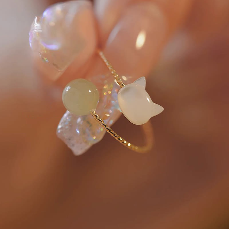 Tridacna Stone Cat Head Jade Bead Blessing Ring