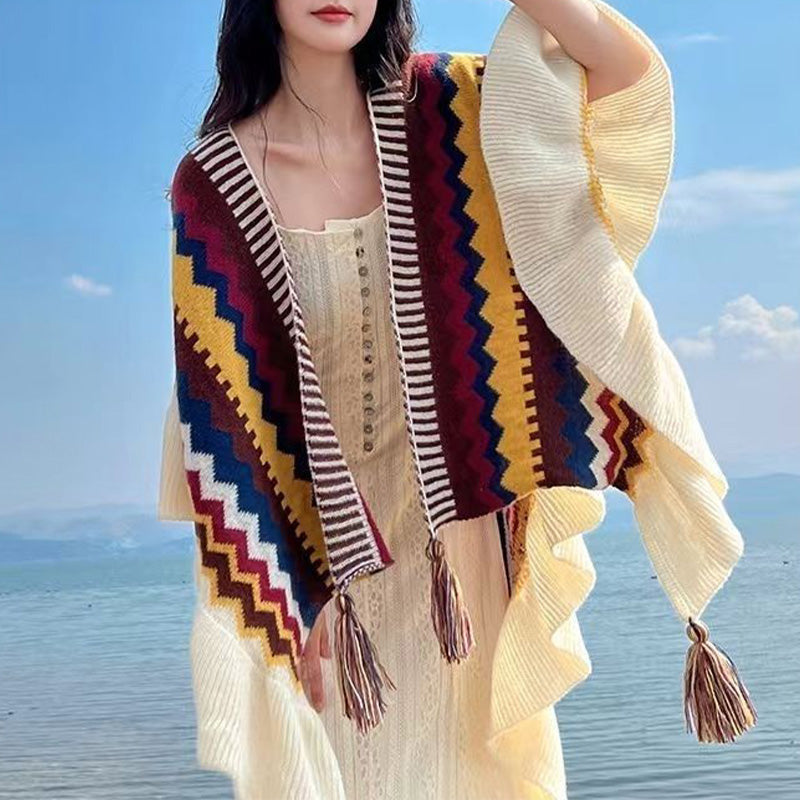 Tibetan Shawl Colorful Striped Wavy Line Tassels Winter Cozy Travel Scarf Wrap