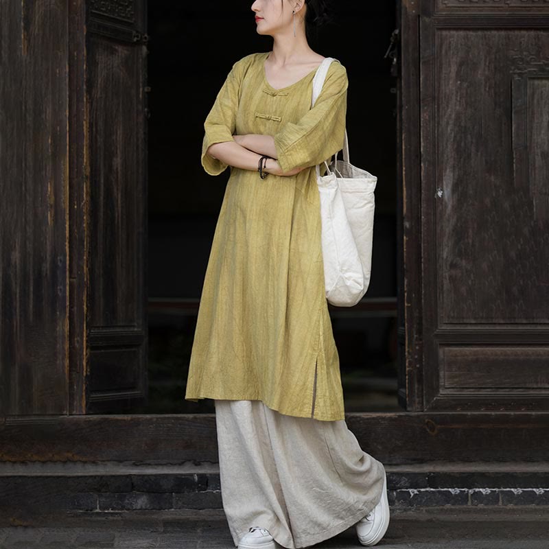Ramie Linen Tie-Dye Frog-Button Meditation Midi Dress & Wide-Leg Pants Set
