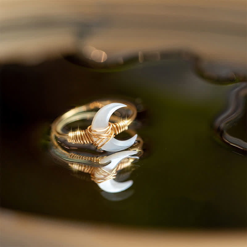 Natural Tridacna Stone Moon 14K Gold Blessing Ring