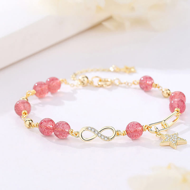 14K Gold Plated Möbius Loop Star Natural Moonstone or Strawberry Quartz Bracelet