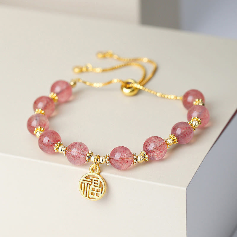Natural Strawberry Quartz 14K Gold Plated Fu Character Charm Beaded Bracelet