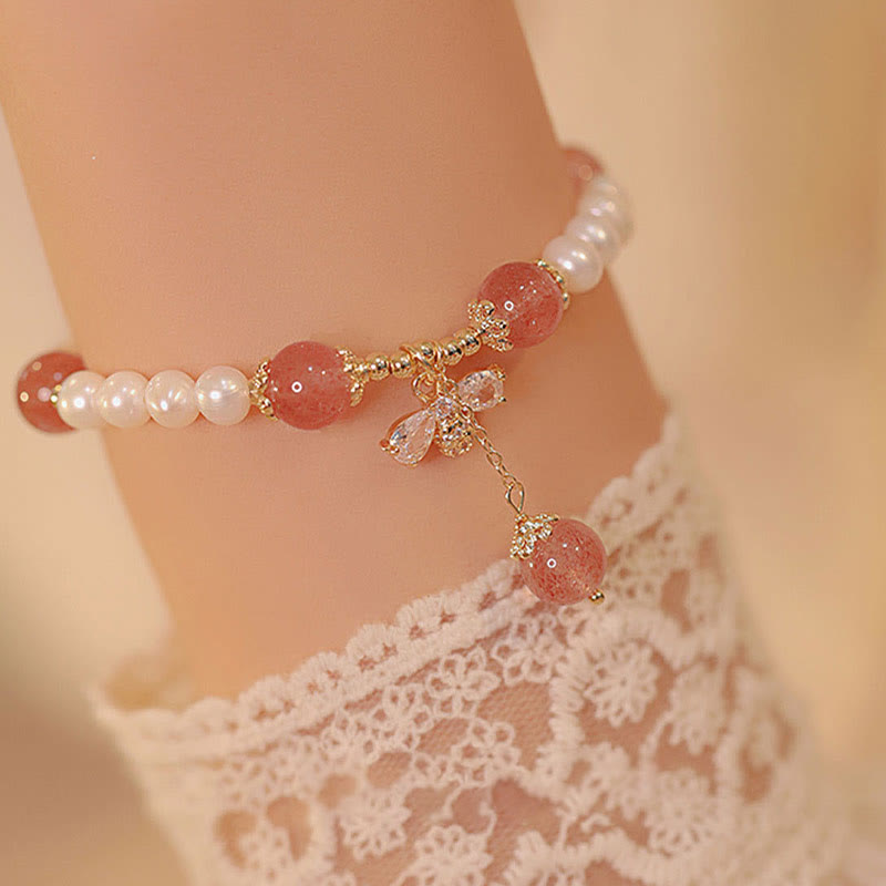 Natural Pearl Strawberry Quartz Healing Cute Honey Bee Charm Bracelet