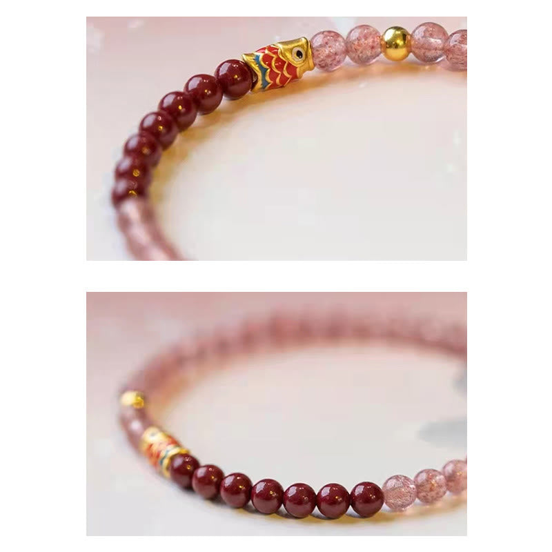 Natural Strawberry Quartz Cinnabar Lucky Koi Fish Healing Bracelet