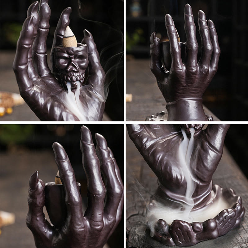 Ceramic Skull and Skeletal Hand Backflow Incense Burner for Atmospheric Meditation