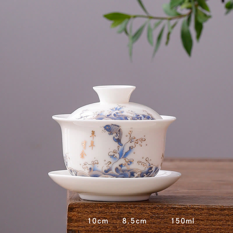White Porcelain Mountain Landscape Countryside Ceramic Gaiwan Teacup Kung Fu Tea Cup And Saucer With Lid