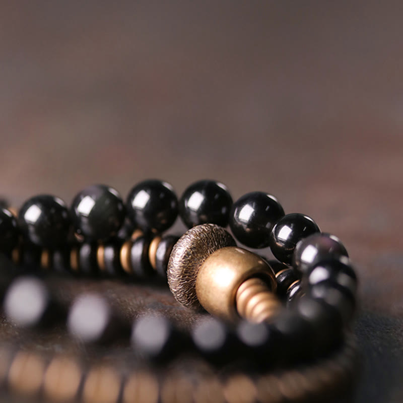 Rainbow Obsidian Ebony Wood Copper Healing Triple Wrap Bracelet