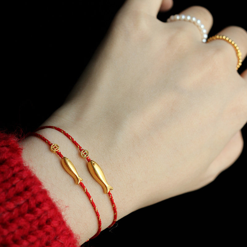 14K Gold Plated Koi Fish Red String Braided Bracelet