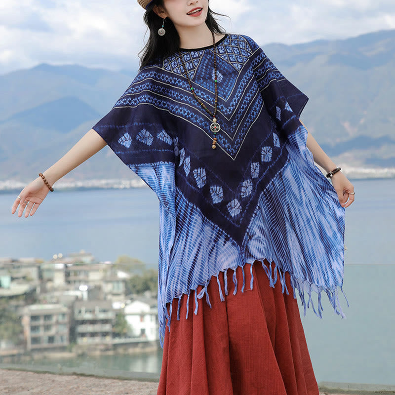 Soft-Touch Blue Geometric Batik Meditation Pullover Shawl