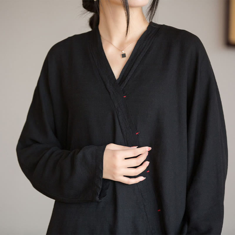 V-Neck Blouse Women Shirt Long Sleeve Top Chinese Hanfu Style Clothing