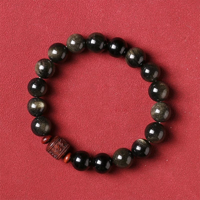 Natural Gold Sheen Obsidian Rainbow Obsidian Om Mani Padme Hum Fu Character Healing Bracelet
