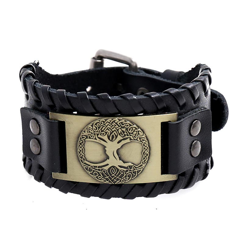 Handmade Tree of Life Copper Wide Leather Cuff Bracelet for Men and Women