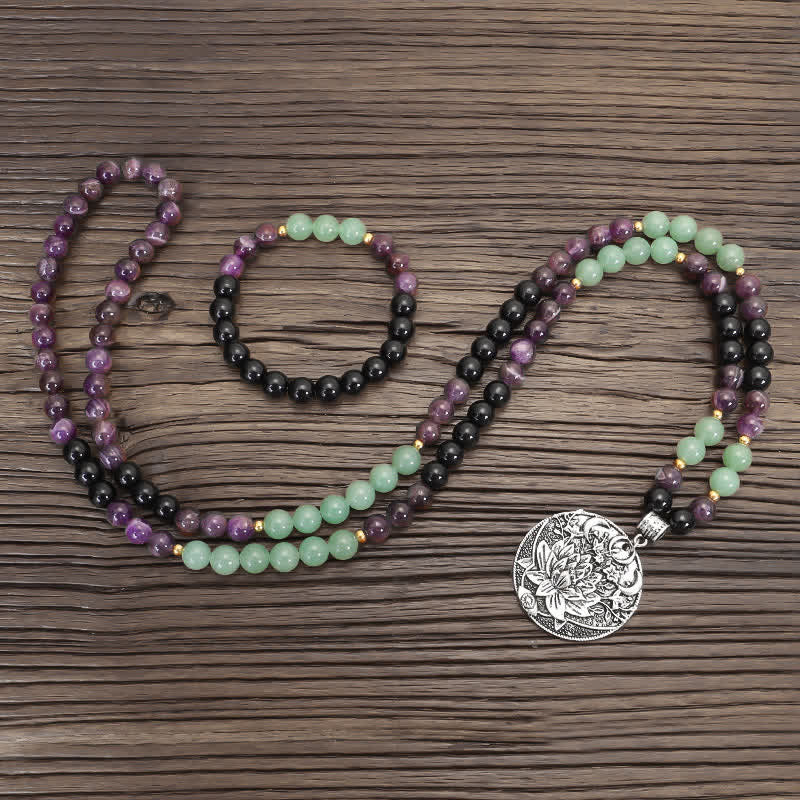 108 Mala Beads Amethyst Green Aventurine Lotus Meditation Bracelet
