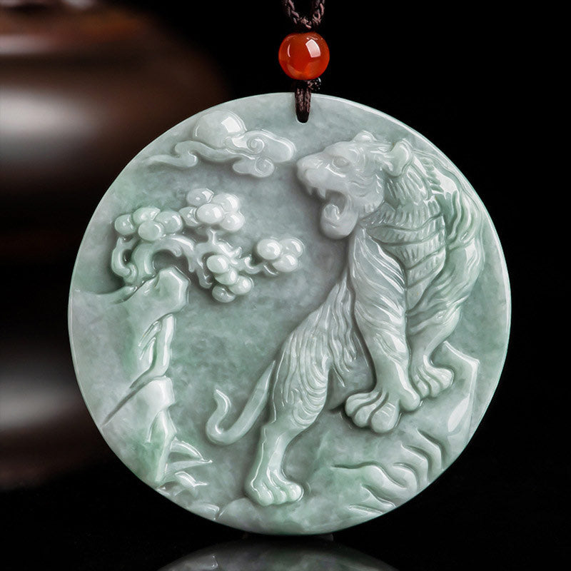 Chinese Zodiac Tiger Jade Protection Necklace String Pendant