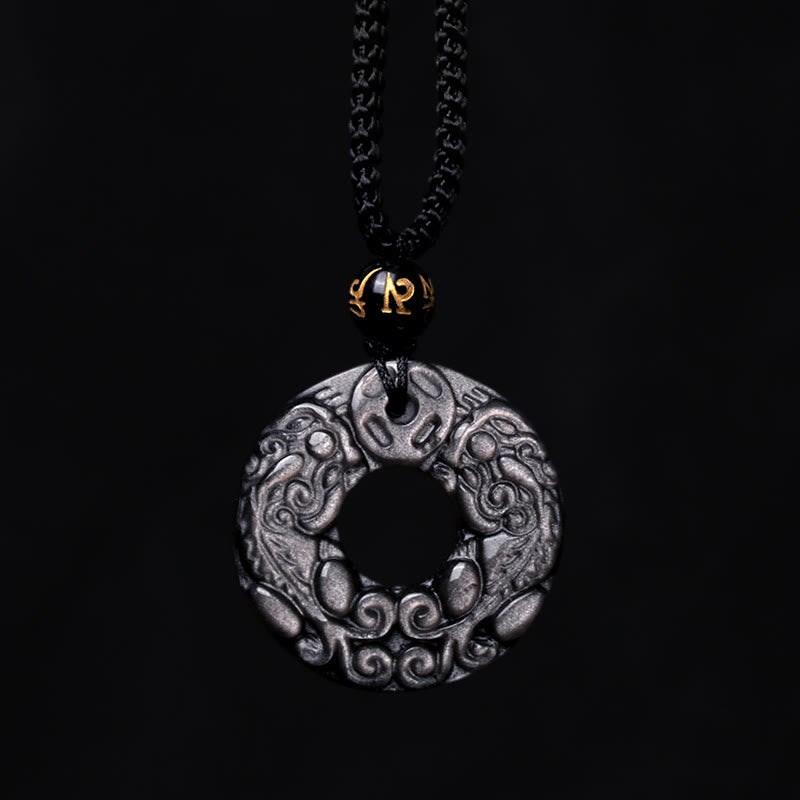 Natural Silver Sheen Obsidian Double PiXiu Copper Coin Peace Buckle Protection Necklace Pendant