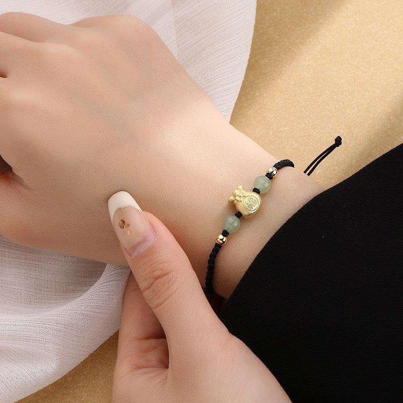 Braided Jade Wealth Bag and Fu Character Red String Bracelet