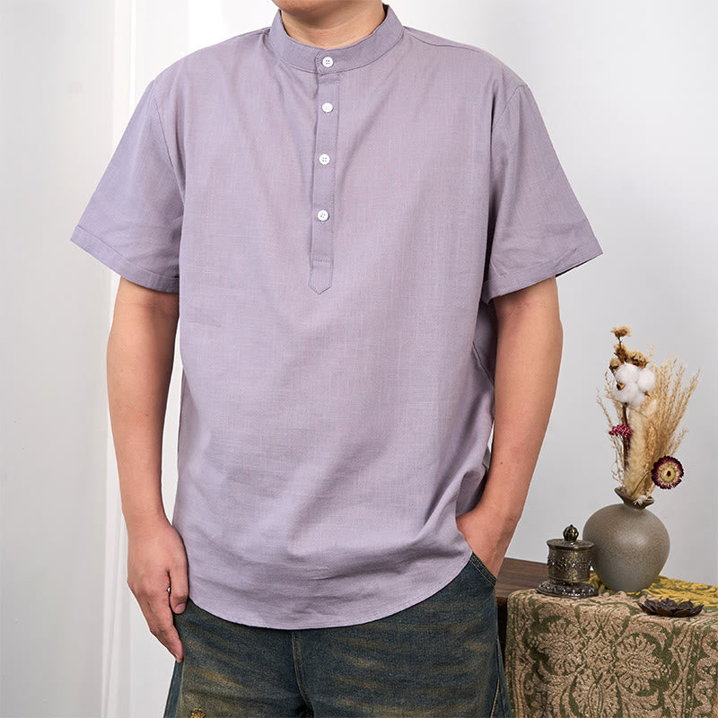 Cotton Linen Stand Collar Short Sleeve Meditation Shirt