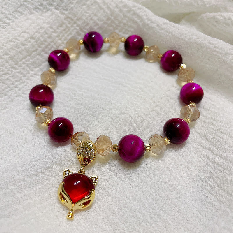 Red Tiger Eye Beaded Bracelet with Carved Pixiu or Fox Totem
