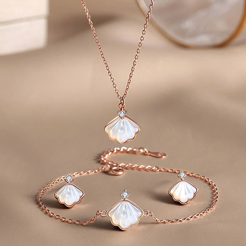 925 Sterling Silver Tridacna Stone Shell Blessing Necklace Pendant Bracelet Earrings Jewelry Set