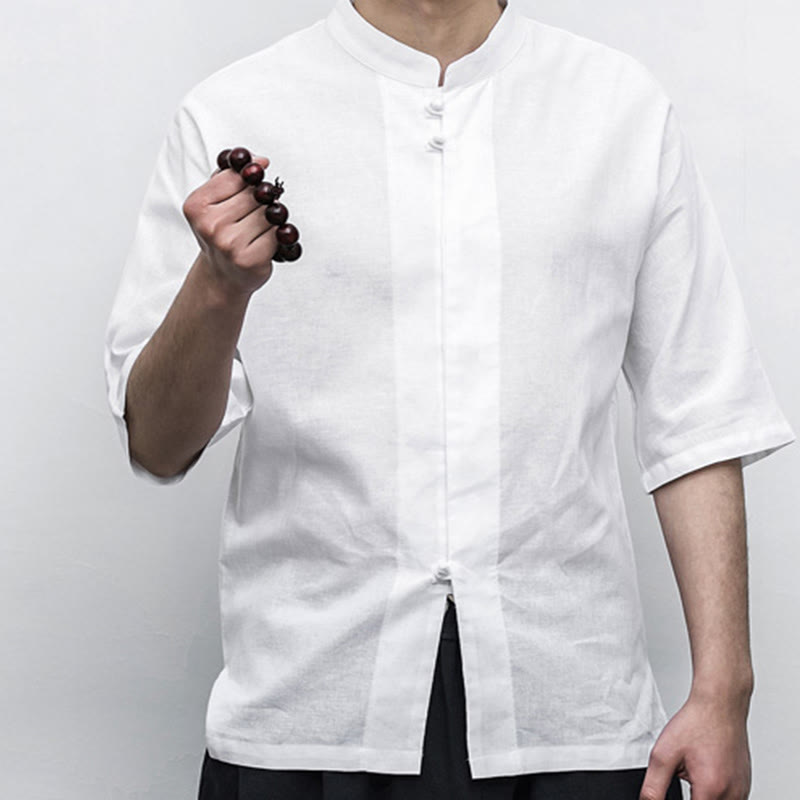 Chinese Frog-Button Tang Suit Zen Half Sleeve Shirt Linen Men Clothing