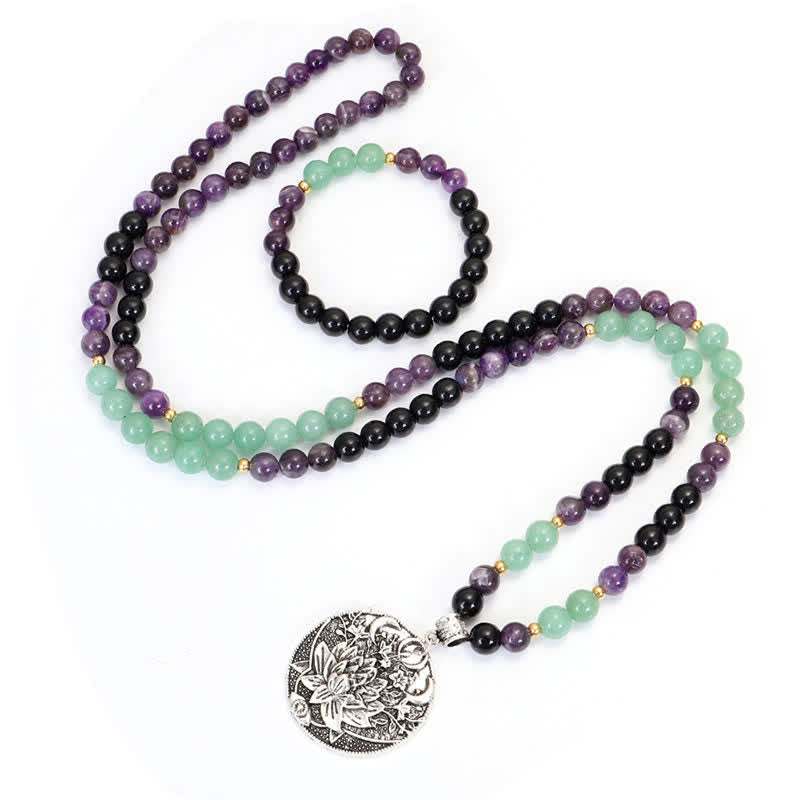 108 Mala Beads Amethyst Green Aventurine Lotus Meditation Bracelet