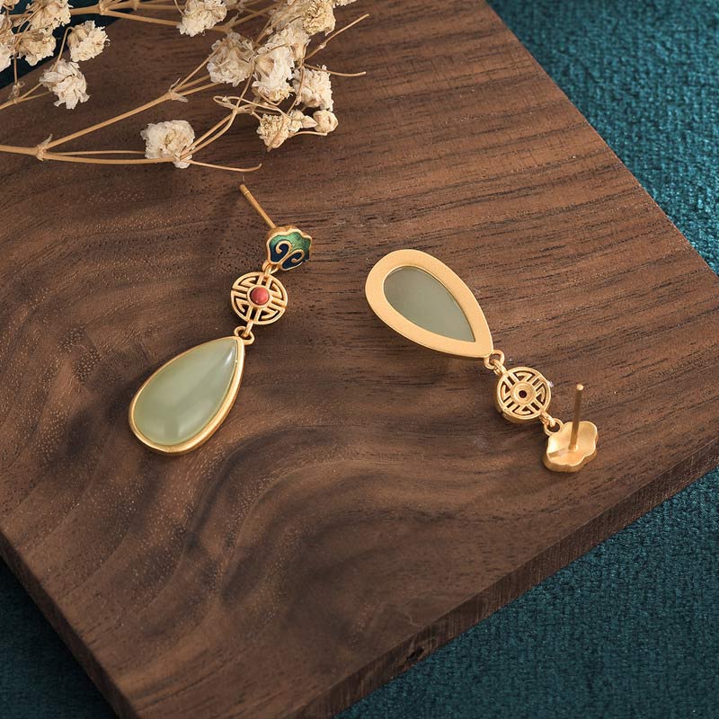 Handmade Jade and Copper Double Happiness Symbol 36mm Drop Earrings