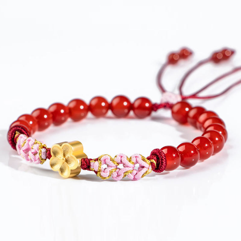 999 Sterling Silver Natural Red Agate Pink Crystal Cherry blossom Bracelet