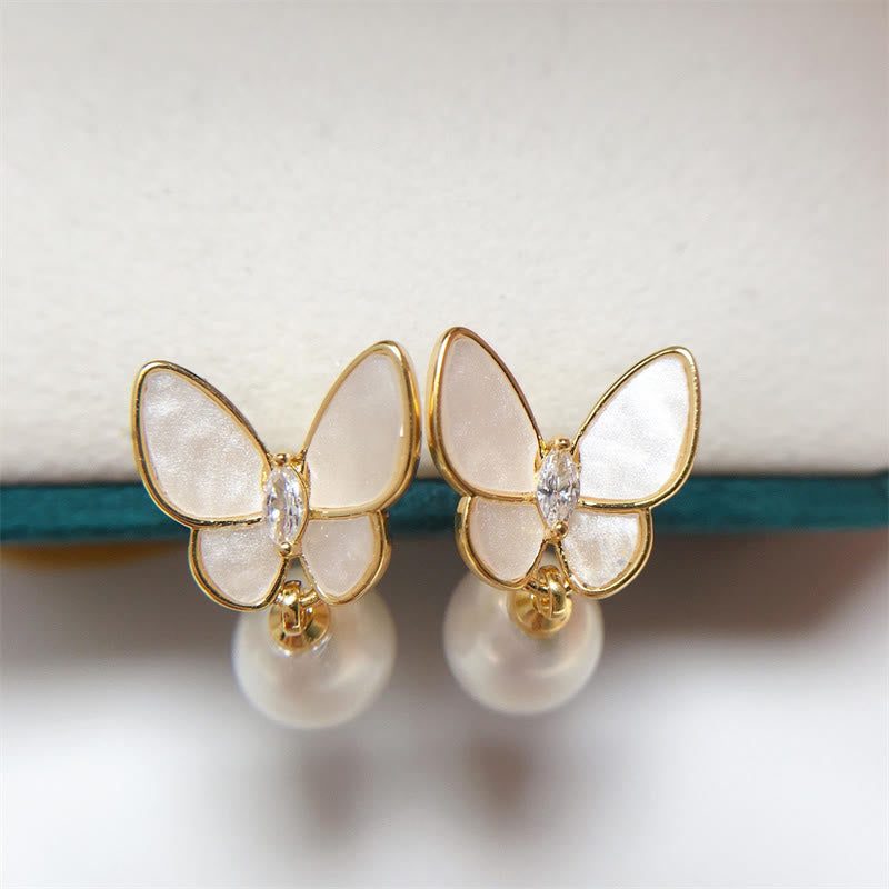 925 Sterling Silver Posts 18K Gold Plated Copper Pearl Butterfly Optimism Stud Earrings