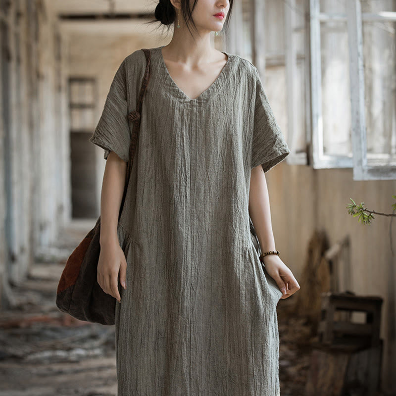 Handmade Tie Dye V-Neck Midi Dress Linen Short Sleeve Dress