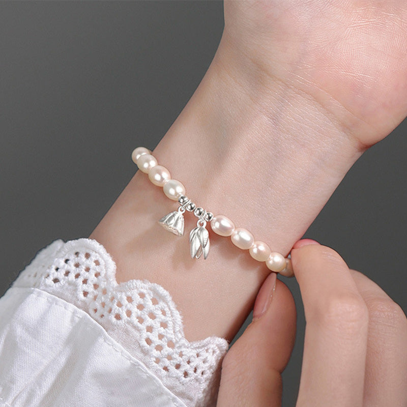 999 Sterling Silver Lotus Flower Pod & Natural Pearl Bracelet
