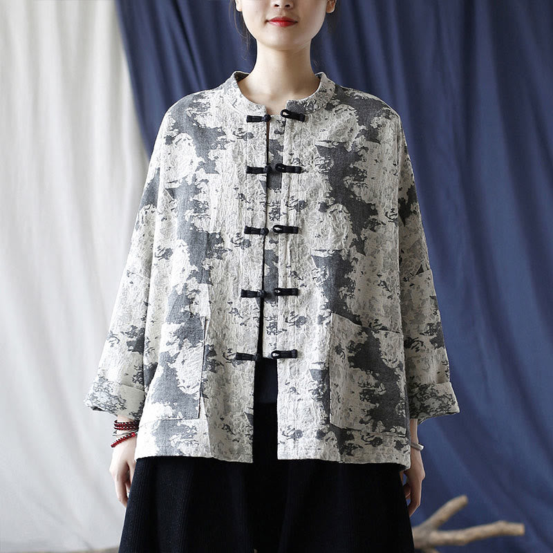 Black Gray Print Frog-button Design Long Sleeve Cotton Linen Jacket Shirt With Pockets