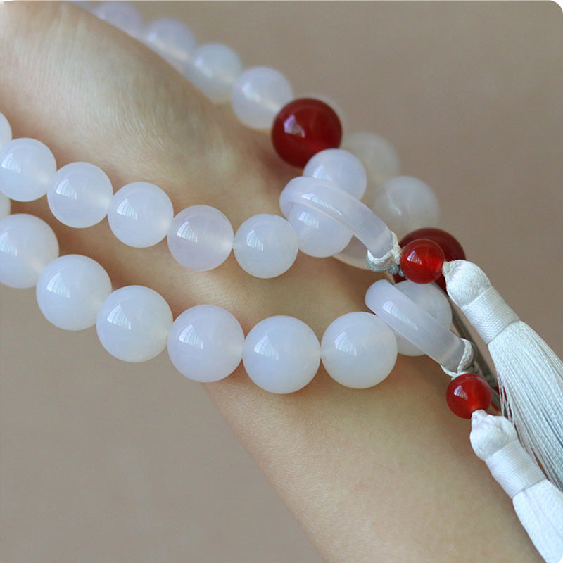 White Agate Red Agate Luck Wrist Mala Tassels Pocket Mala Car Decoration